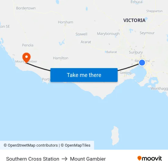 Southern Cross Station to Mount Gambier map