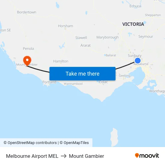 Melbourne Airport MEL to Mount Gambier map