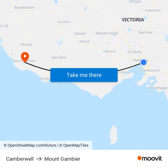 Camberwell to Mount Gambier map