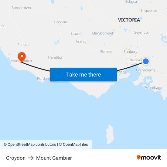Croydon to Mount Gambier map