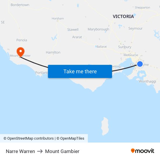 Narre Warren to Mount Gambier map