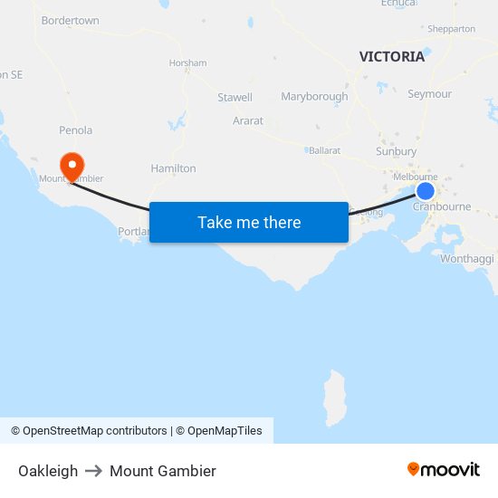 Oakleigh to Mount Gambier map