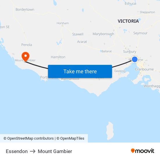 Essendon to Mount Gambier map