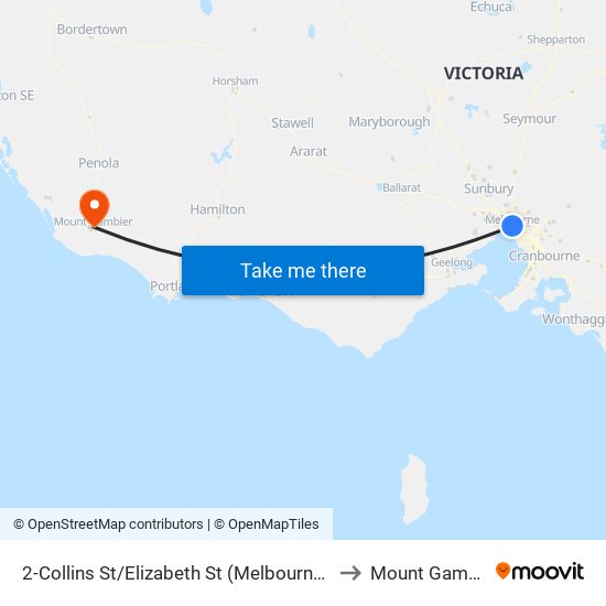 2-Collins St/Elizabeth St (Melbourne City) to Mount Gambier map