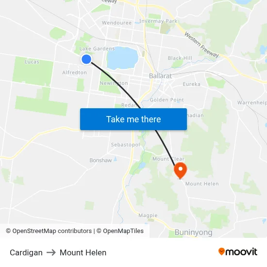 Cardigan to Mount Helen map