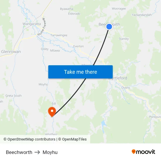 Beechworth to Moyhu map