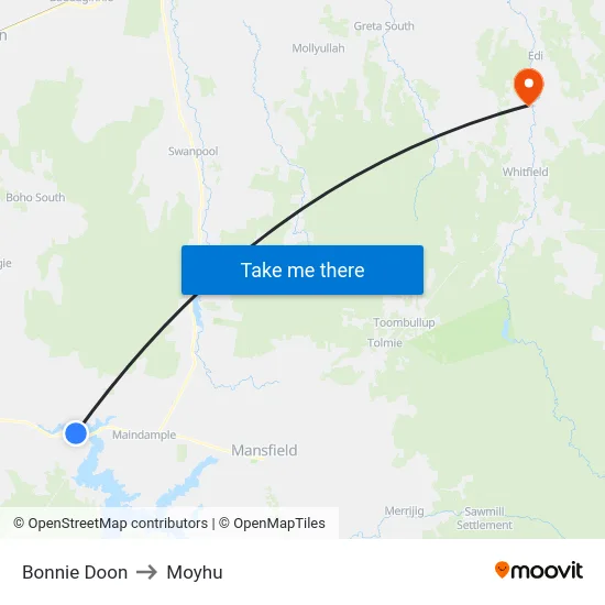 Bonnie Doon to Moyhu map