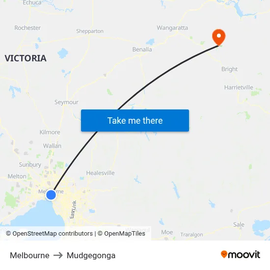 Melbourne to Mudgegonga map