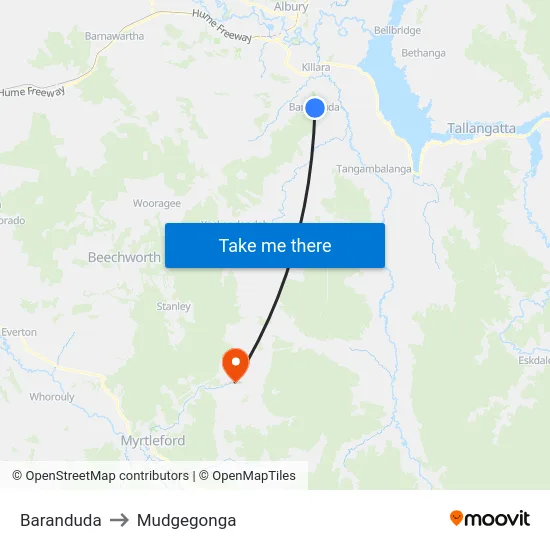 Baranduda to Mudgegonga map