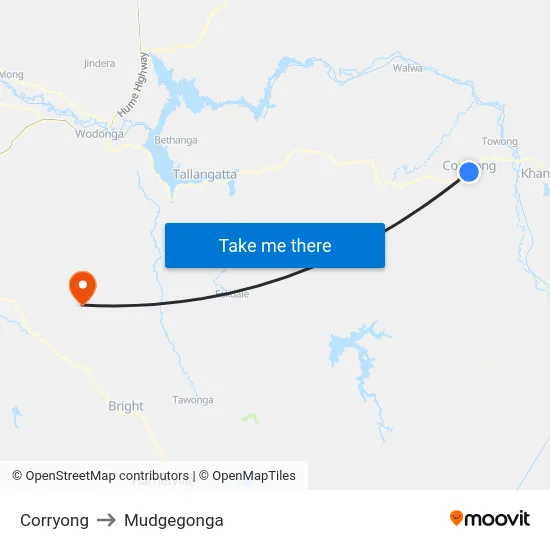 Corryong to Mudgegonga map