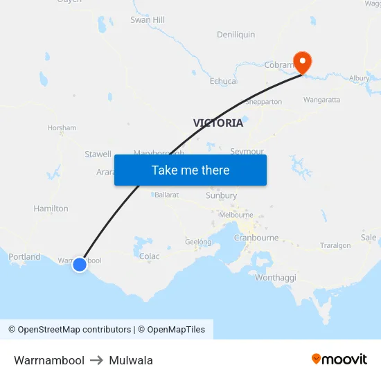 Warrnambool to Mulwala map
