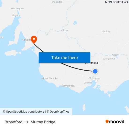 Broadford to Murray Bridge map