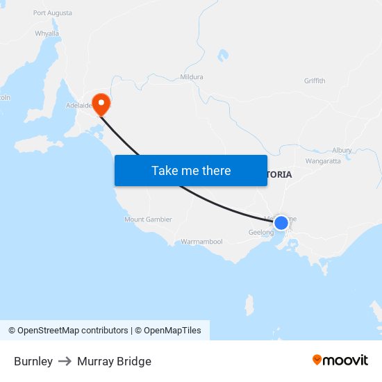 Burnley to Murray Bridge map