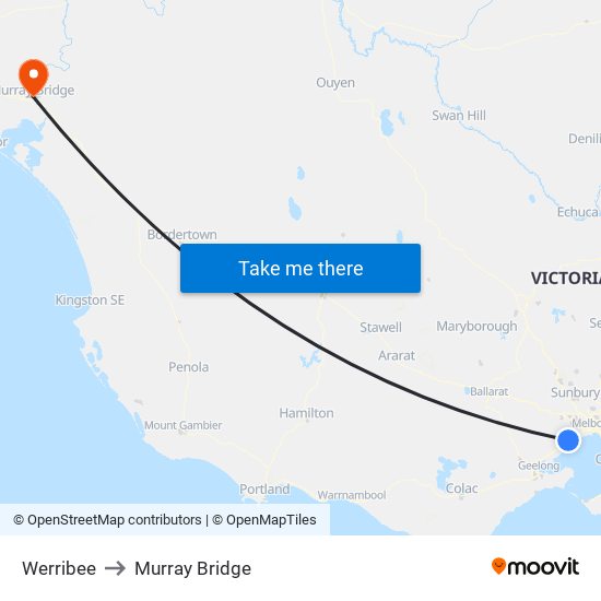 Werribee to Murray Bridge map