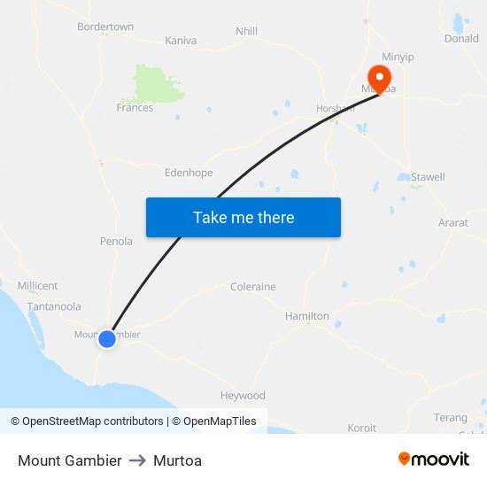 Mount Gambier to Murtoa map