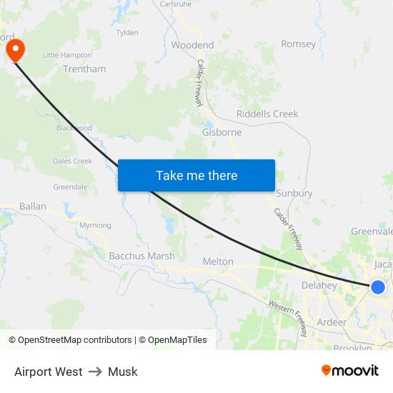 Airport West to Musk map