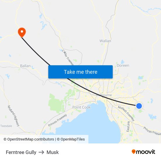 Ferntree Gully to Musk map