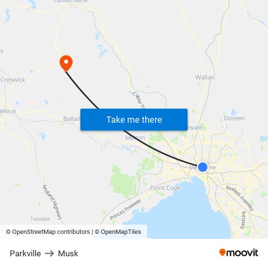 Parkville to Musk map