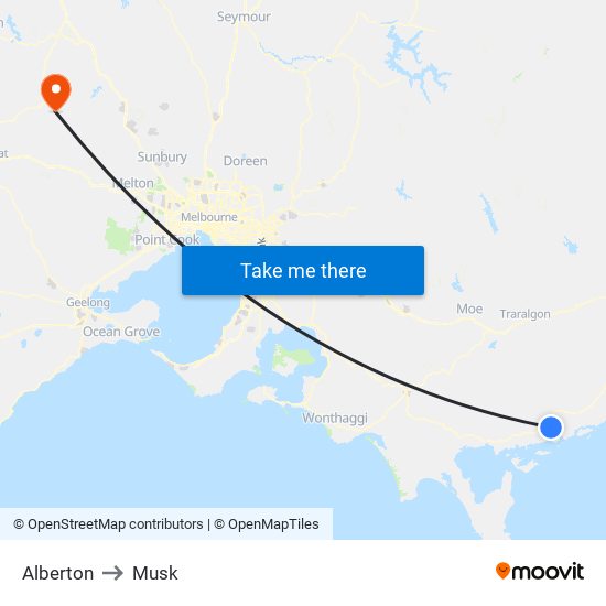 Alberton to Musk map