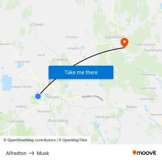 Alfredton to Musk map