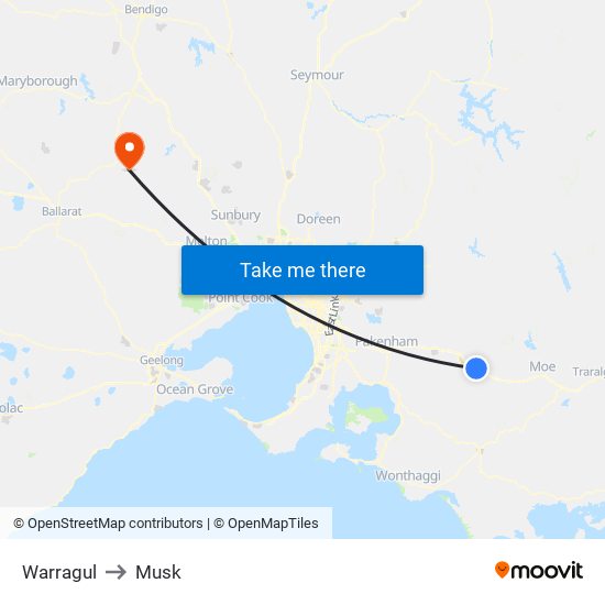 Warragul to Musk map