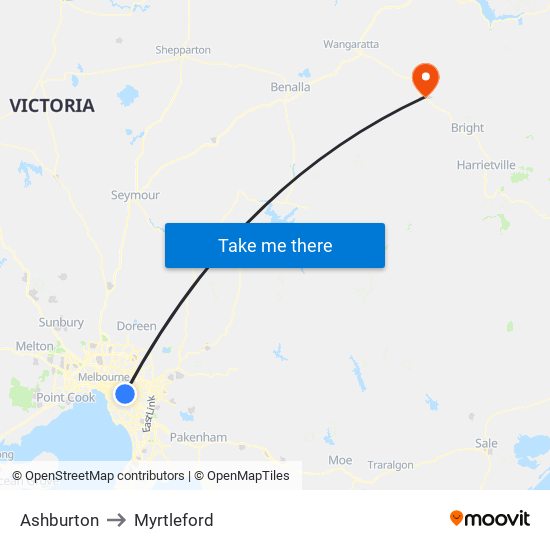 Ashburton to Myrtleford map