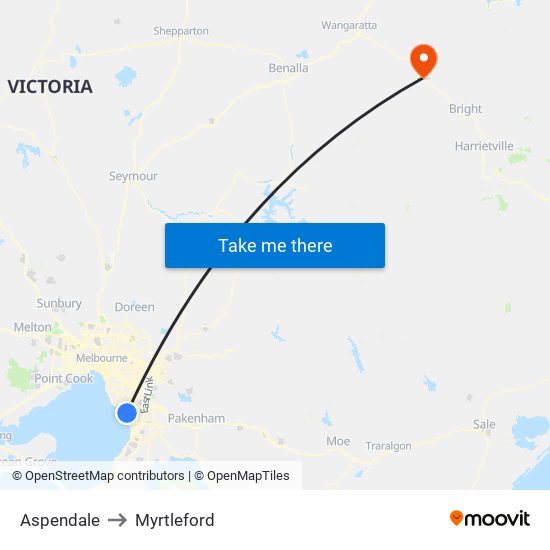 Aspendale to Myrtleford map