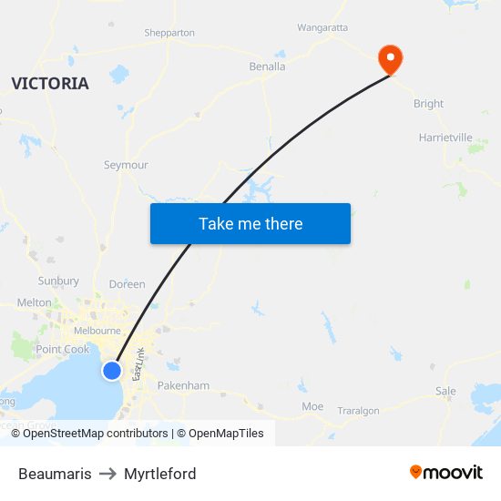 Beaumaris to Myrtleford map