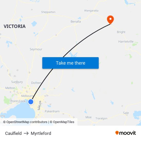 Caulfield to Myrtleford map