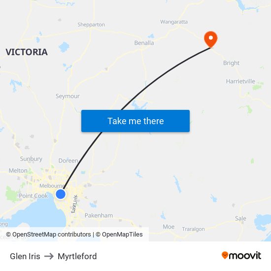 Glen Iris to Myrtleford map