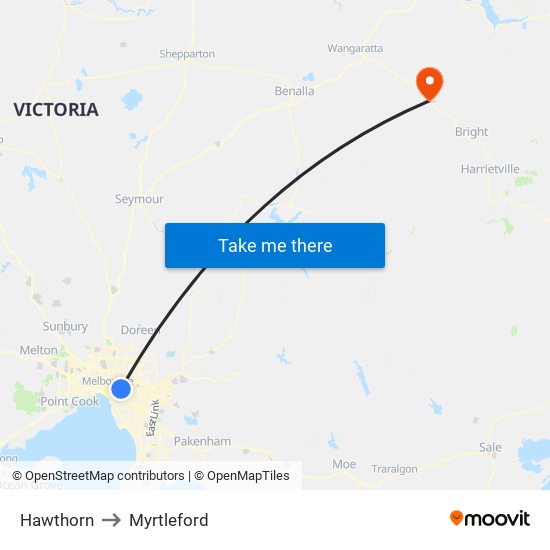 Hawthorn to Myrtleford map