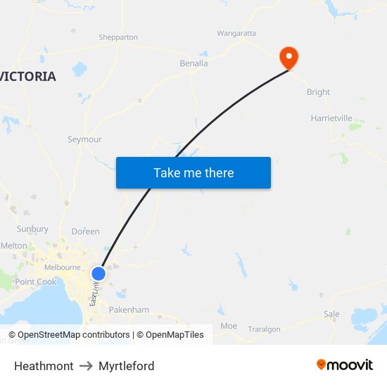 Heathmont to Myrtleford map