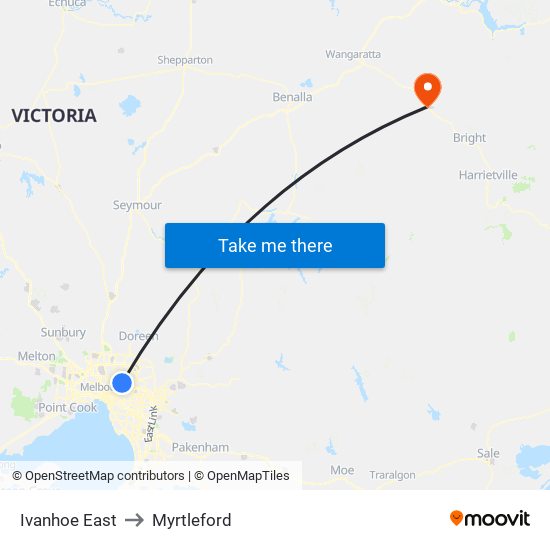 Ivanhoe East to Myrtleford map