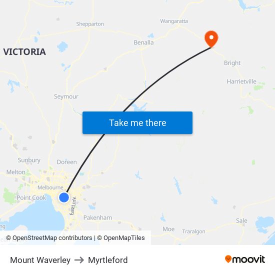 Mount Waverley to Myrtleford map