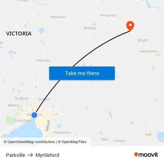 Parkville to Myrtleford map