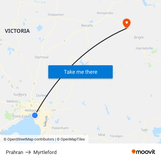 Prahran to Myrtleford map