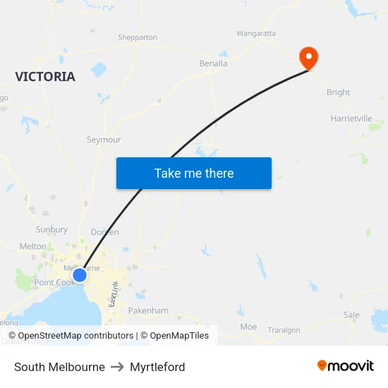 South Melbourne to Myrtleford map