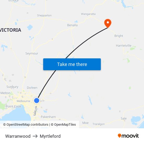 Warranwood to Myrtleford map