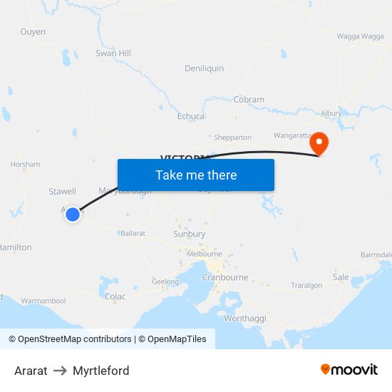 Ararat to Myrtleford map