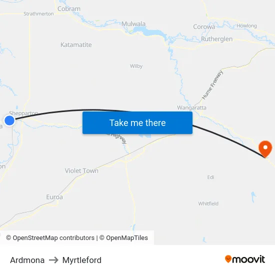 Ardmona to Myrtleford map
