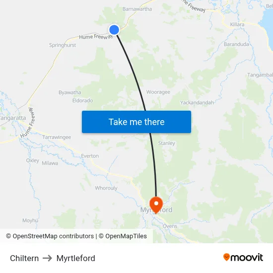 Chiltern to Myrtleford map