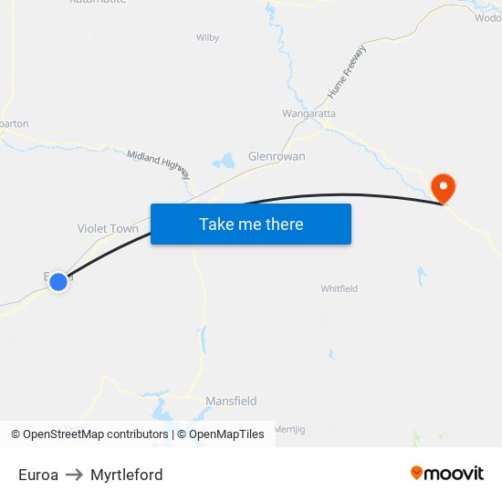 Euroa to Myrtleford map