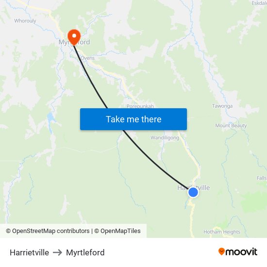 Harrietville to Myrtleford map