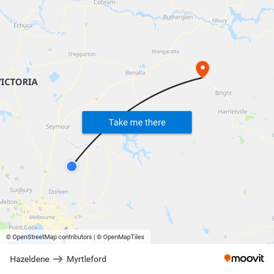 Hazeldene to Myrtleford map