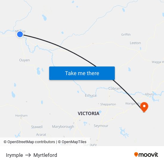 Irymple to Myrtleford map