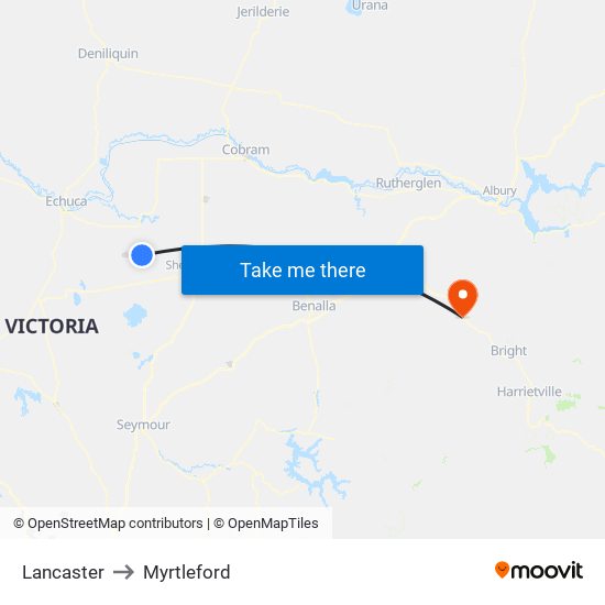 Lancaster to Myrtleford map