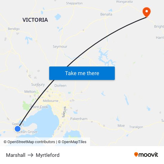 Marshall to Myrtleford map