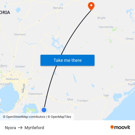 Nyora to Myrtleford map