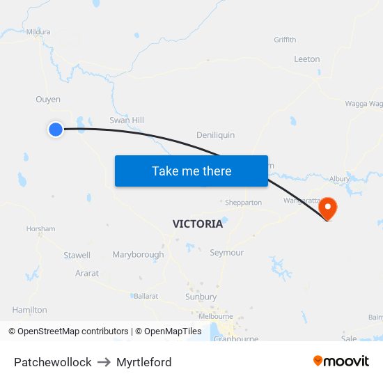 Patchewollock to Myrtleford map