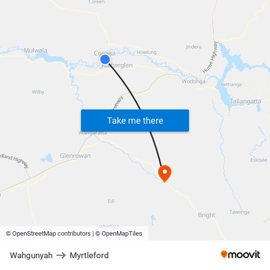 Wahgunyah to Myrtleford map